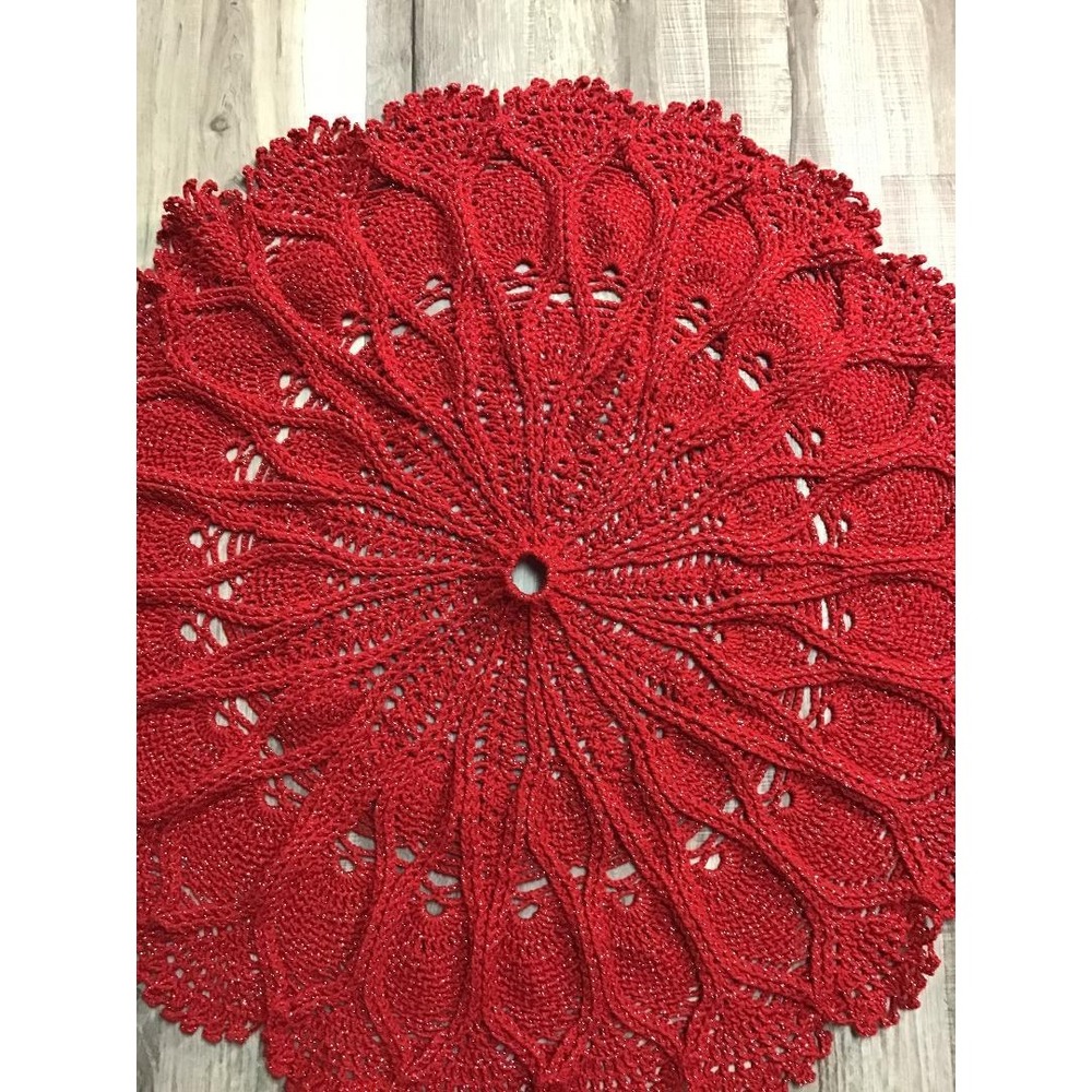 Vintage Handmade Red Crochet Christmas Tree Skirt Metallic Pineapple Lace 40in - Picture 2 of 8